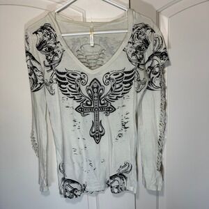 Ocasion Y2K Hooded Top Womens L Rhinestone Cross Wing Lace Up Sleeve Biker Goth